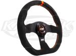 MPI 13" - 330mm Diameter +3/16" Dish Black Suede With Orange Stitching Flat Bottom Steering Wheel