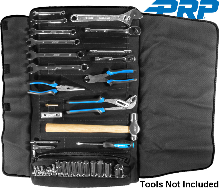 PRP E-92 roll-up tool bags pouches with zipper pocket 19 slots and double snap straps rolled out